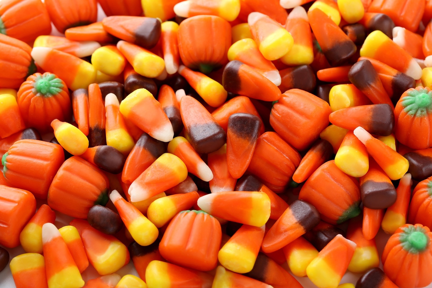 Halloween candy corns background, close up Halloween Candy
